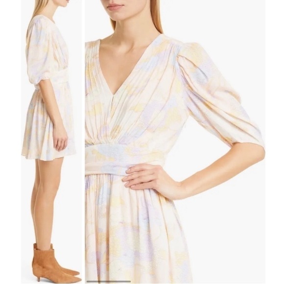 BA&SH Noam Dress Pastel Floral Short Sleeve Faux Wrap Mini Swing Dress Size Med - Picture 6 of 10